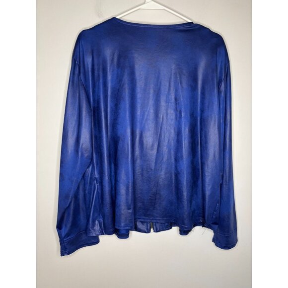 MAGNA Faux Leather Full Zip Top Womens 2X Blue Black Muddled Pocket Plus Stretch - Picture 2 of 5